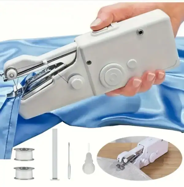 Mini machine à coudre portative, idéale pour petits travaux de couture à la maison ou en déplacement, avec accessoires inclus pour une utilisation pratique.