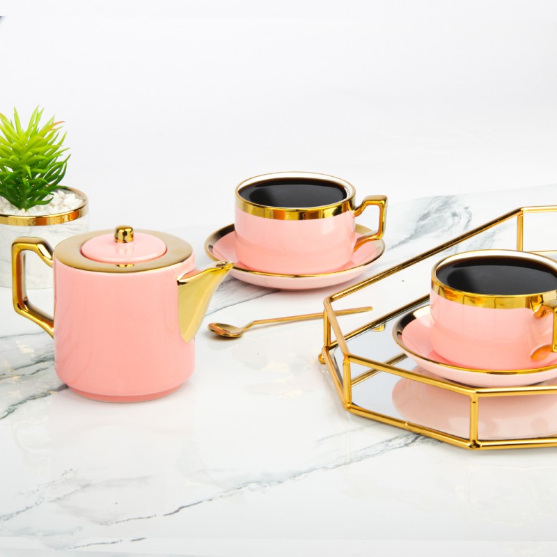 QXXSJ Ensemble de tasses à café fines en porcelaine fine rose, service de 7  oz et soucoupes pour 4 personnes, avec théière, carafe à thé, crème, carafe  et passoire à thé pour