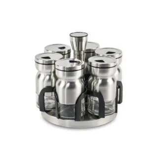 Set Porte Épices En Verre et Chromé avec Support Rotatif - 7 Pièces