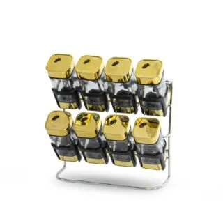 Set Porte Épices En Verre et Doré avec Support Métallique - 9 Pièces