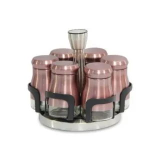 Set Porte Épices En Verre et Rose Chromé avec Support Rotatif - 07 Pièces