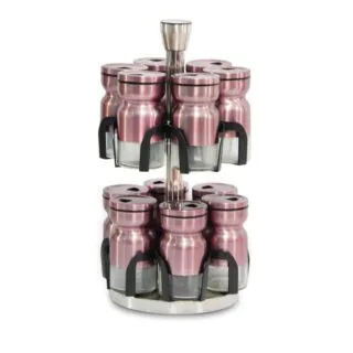 Set Porte Épices En Verre et Rose Chromé avec Support Rotatif - 13 Pièces