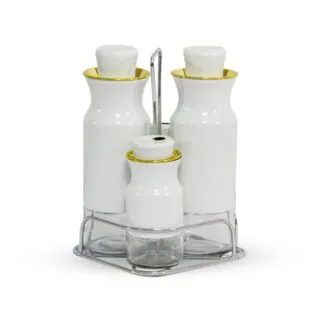 Set Portes Épices & Huilière 5 Pièces En Verre Blanc avec Support Métallique