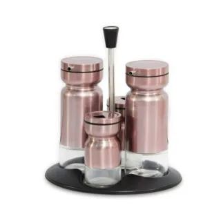 Set Portes Épices & Huilière 5 Pièces En Verre et Rose Chromé avec Support