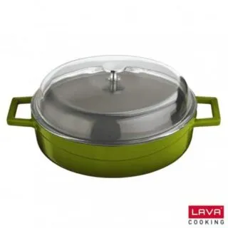 Cocotte vert basse en fonte émaillée avec couvercle en verre