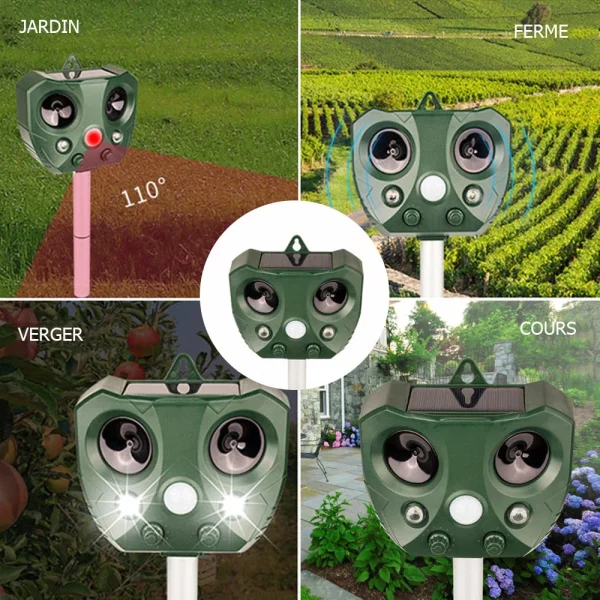 Répulsif solaire ultrasonique pour animaux, répulsif d'extérieur pour jardin, souris, capteur PIR, oiseau, chat, chien, chauve-souris