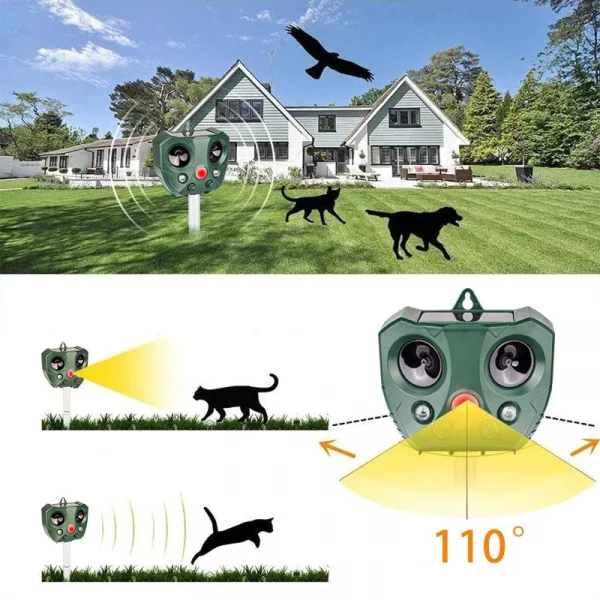 Répulsif solaire ultrasonique pour animaux, répulsif d'extérieur pour jardin, souris, capteur PIR, oiseau, chat, chien, chauve-souris