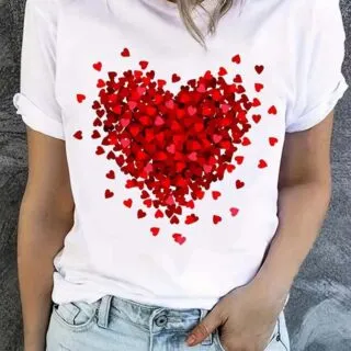 T-shirt À Manches Courtes Imprimé De Cœur Rouge Pour Femme