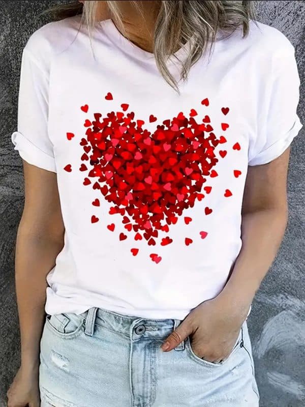 T-shirt À Manches Courtes Imprimé De Cœur Rouge Pour Femme