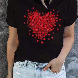 T-shirt noir À Manches Courtes Imprimé De Cœur Rouge Pour Femme