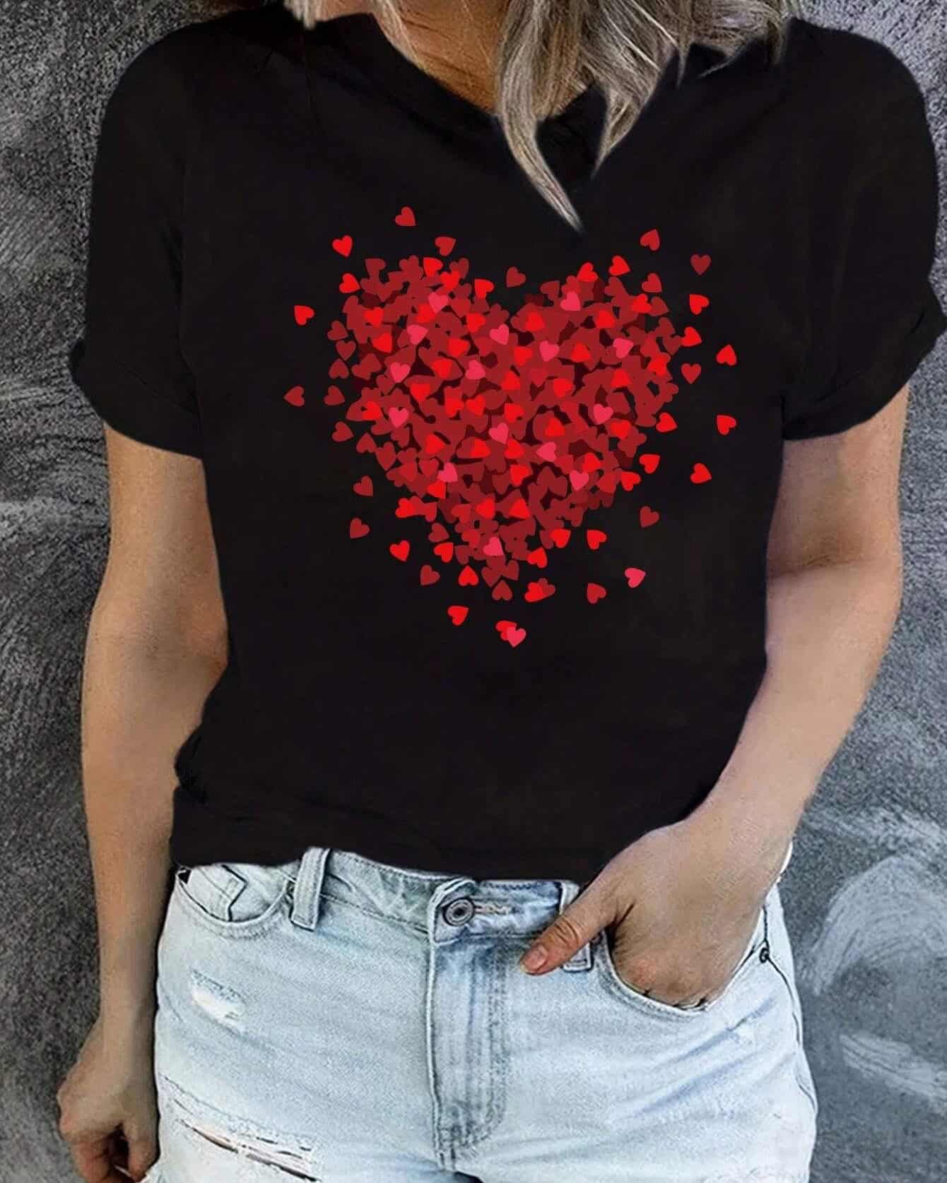 T-shirt noir À Manches Courtes Imprimé De Cœur Rouge Pour Femme