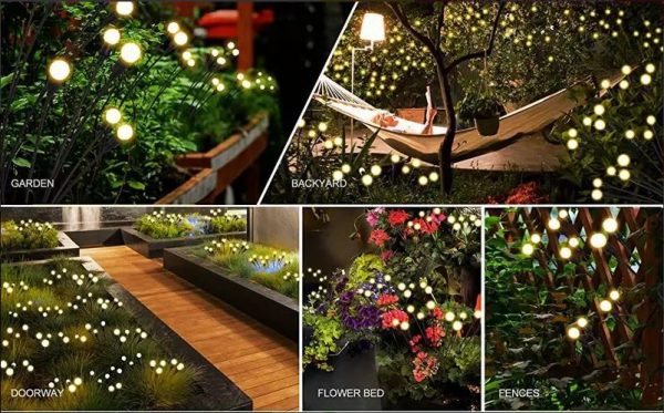 Lampe LED décoratif jardins: Lot De Lampes Solaires Luciole 8 LED, Lampes Solaires De Jardin Améliorées Pour L'extérieur, IP65 Étanche, Se Balançant Lorsque Le Vent Souffle, Pour La Décoration De La Cour, Du Patio (blanc Chaud).