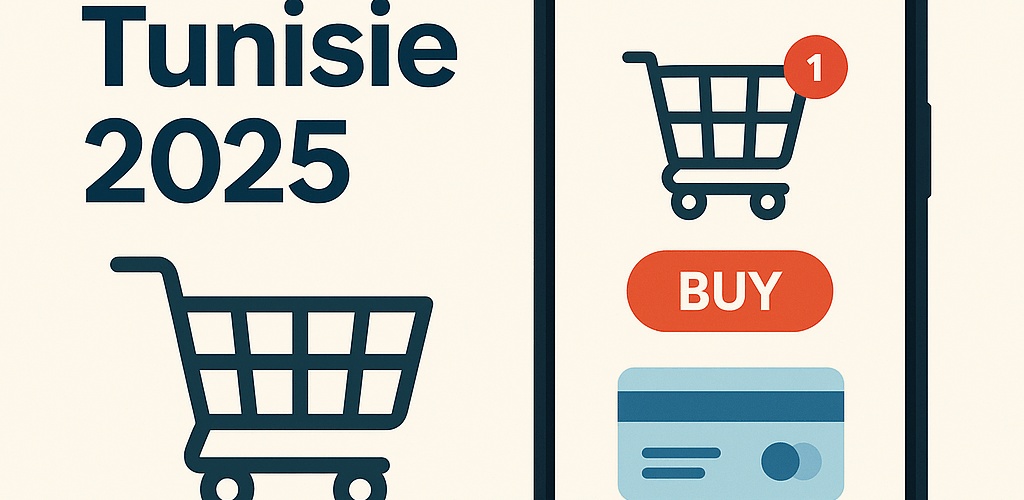 Guide d’achat en ligne en Tunisie 2025 – illustration shopping, smartphone, panier, livraison – PetitsPrix.tn