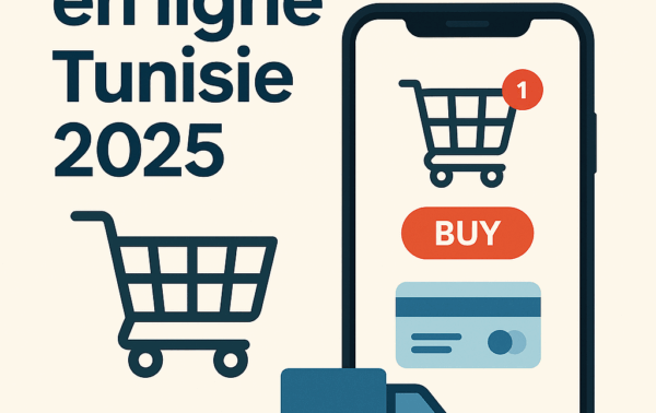 Guide d’achat en ligne en Tunisie 2025 – illustration shopping, smartphone, panier, livraison – PetitsPrix.tn
