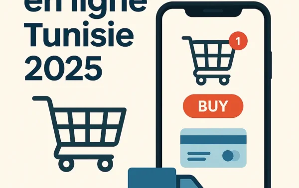 Guide d’achat en ligne en Tunisie 2025 – illustration shopping, smartphone, panier, livraison – PetitsPrix.tn