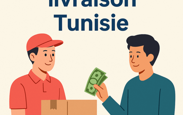 Paiement à la livraison en Tunisie – illustration livreur, colis et paiement – PetitsPrix.tn
