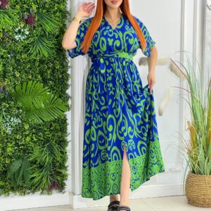Robe Twinkie Fibranne – Vert & Bleu (ethnique)