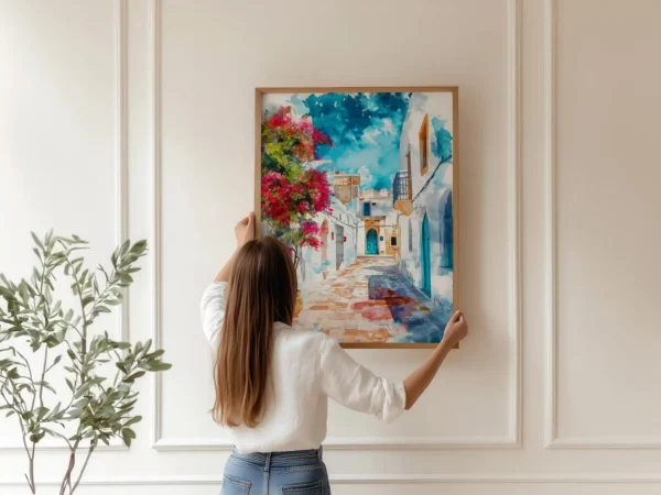 gros plan tableau ruelle blanche et portes bleues de Tunisie