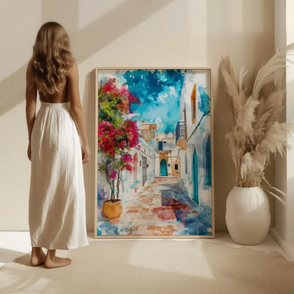 tableau ruelle blanche et portes bleues de Tunisie