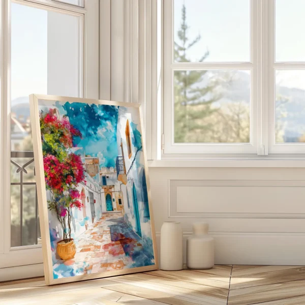 tableau ruelle blanche et portes bleues de Tunisie
