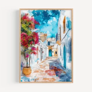 tableau ruelle blanche et portes bleues de Tunisie