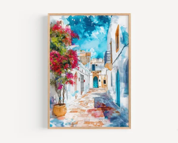 tableau ruelle blanche et portes bleues de Tunisie