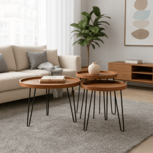 Set de 3 tables basses rondes bois & métal