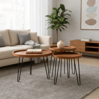 Set de 3 tables basses rondes bois & métal