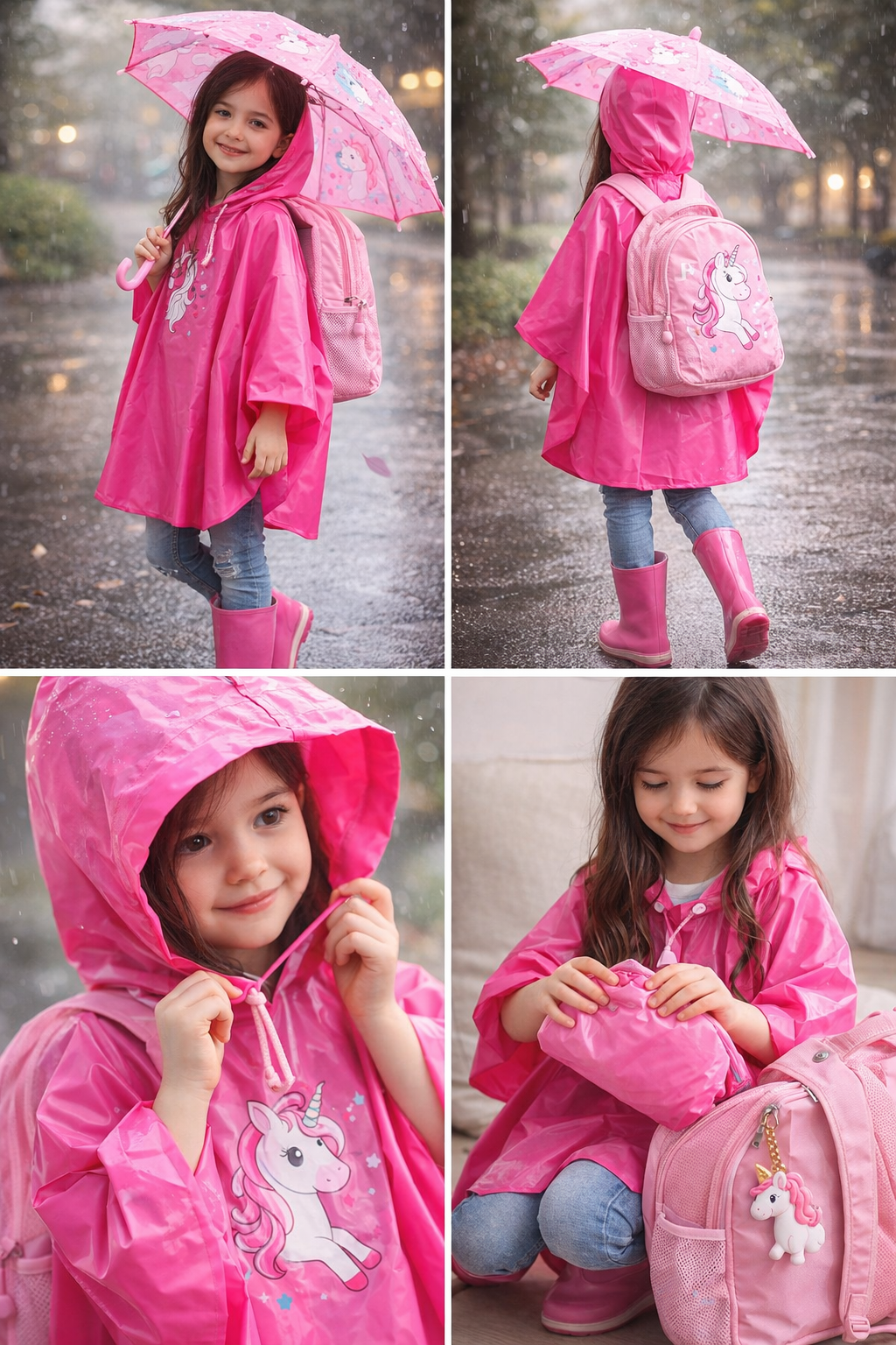 Poncho de pluie imperméable pour enfants – Rose licorne