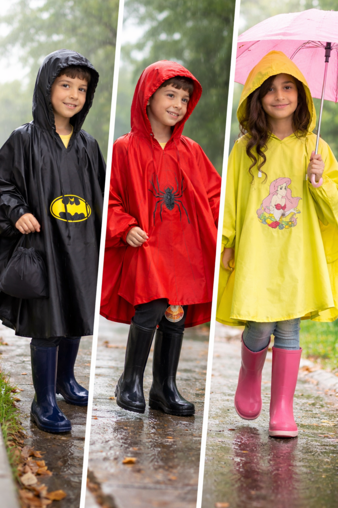Ponchos légers, pliables et imperméables pour enfants. Idéals pour protéger l’enfant et ses affaires sous la pluie.
