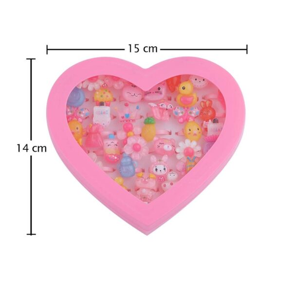 Coffret 36 bagues fantaisie pour filles en boîte cœur rose