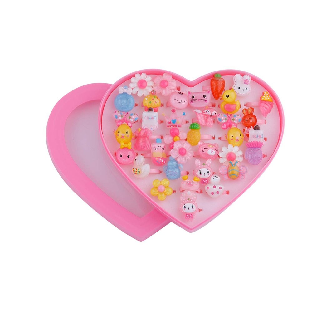 RosyFate Bague Fille, Bague Bijoux Enfant Fille, 36 Pièces Réglables Bague Petite Fille Princesse Avec Boîte De Coeur Rose, Super Jolie Belle Présentation Pour Un Cadeau à Une Petite Fille
