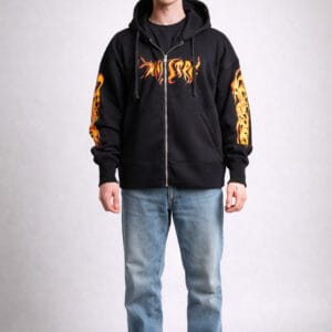 Gilet à capuche zippé homme noir motif flammes – Streetwear Tunisie
