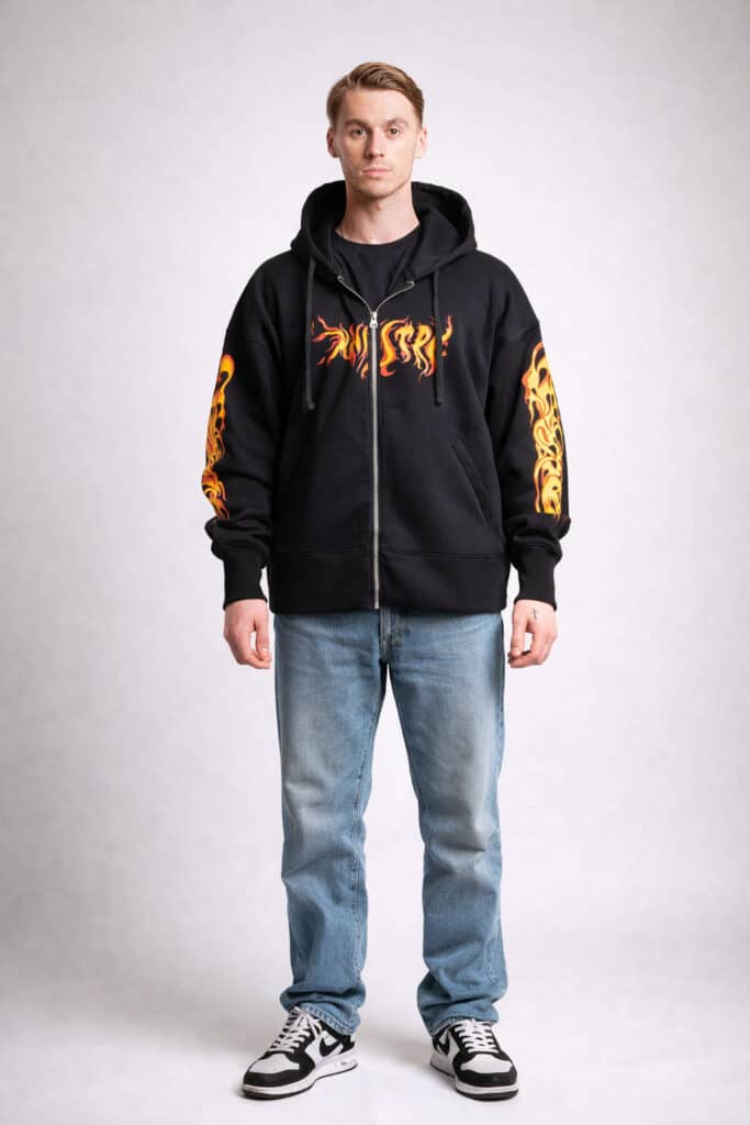 Gilet à capuche zippé homme noir motif flammes – Streetwear Tunisie