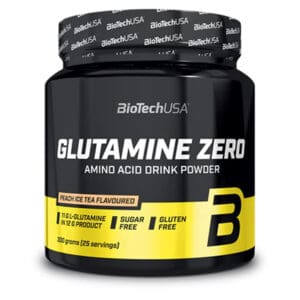 Pot de Glutamine Zero 300g, complément alimentaire pour sportifs, sans sucre ni gluten, saveur pêche, idéal pour la récupération musculaire.