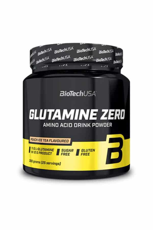 Pot de Glutamine Zero 300g, complément alimentaire pour sportifs, sans sucre ni gluten, saveur pêche, idéal pour la récupération musculaire.