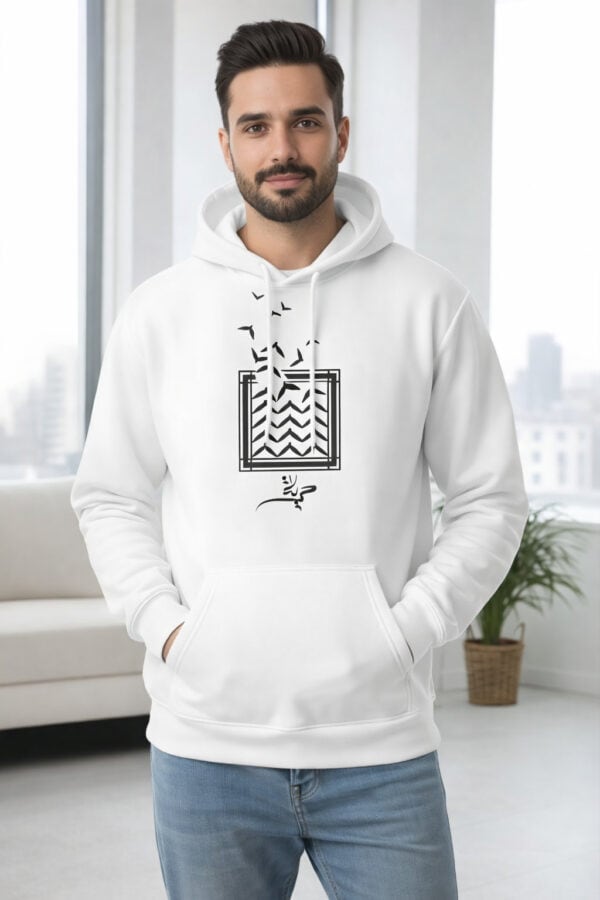 Sweat à capuche blanc homme avec motif graphique et écriture arabe – Style moderne