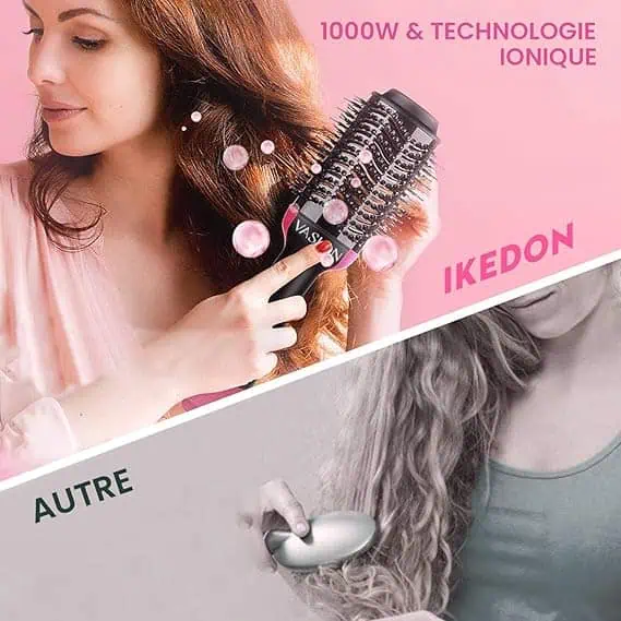 Brosse électrique pour cheveux avec technologie ionique, 1000W, idéale pour un coiffage facile et rapide.