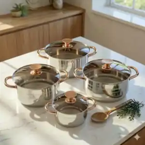 Ensemble Casseroles Inox Tous Feux Induction – Couvercles Verre & Finition Cuivre