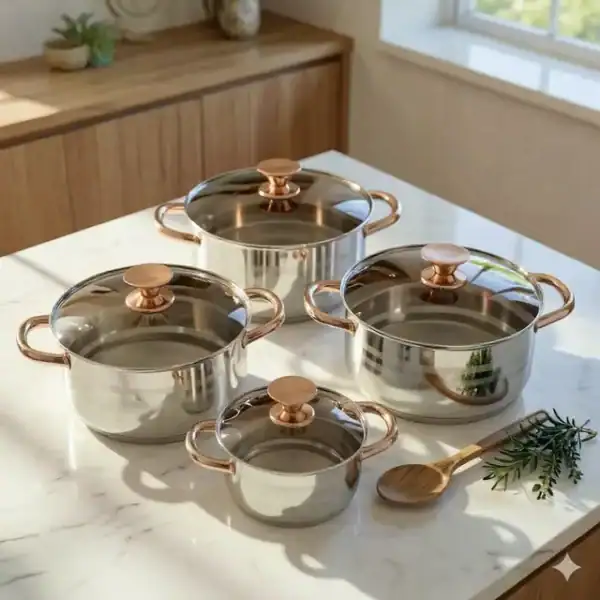 Ensemble Casseroles Inox Tous Feux Induction – Couvercles Verre & Finition Cuivre