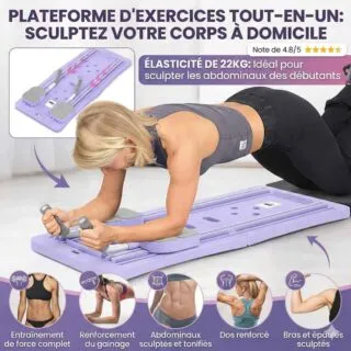 Plateforme de Pilates pliable pour exercices à domicile, idéale pour tonifier les abdominaux, renforcer le dos et les bras, avec une capacité de 22 kg.