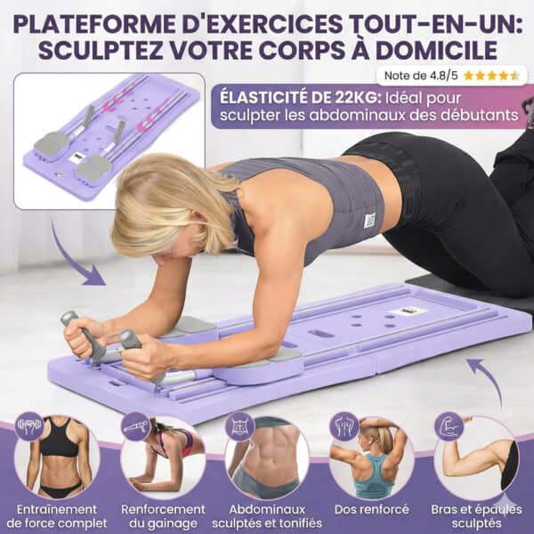 Plateforme de Pilates pliable pour exercices à domicile, idéale pour tonifier les abdominaux, renforcer le dos et les bras, avec une capacité de 22 kg.