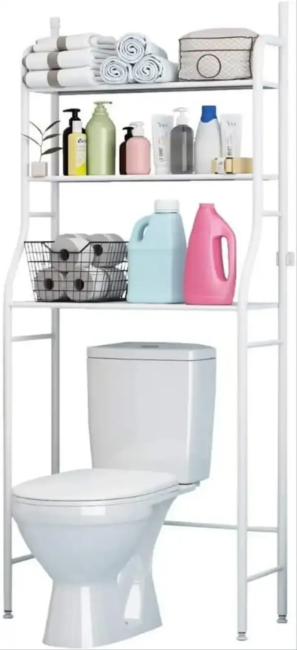 Étagère de rangement pratique pour machine à laver avec espace pour produits de nettoyage et serviettes, optimisant l'espace dans la salle de bain ou la buanderie.