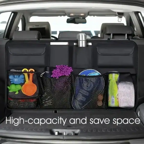 Organisateur de coffre de voiture gain de place avec 8 poches, en tissu Oxford durable. Couleur : noir, taille : 89,5 × 46 cm. Idéal pour garder le coffre bien rangé.