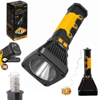 Lampe torche LED rechargeable multifonction, idéale pour camping, urgence et activités extérieures, avec puissance lumineuse élevée et autonomie prolongée.