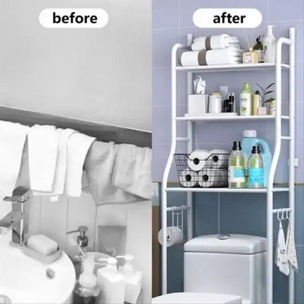 Étagère de rangement pratique pour machine à laver, optimisant l'espace avec plusieurs étagères pour produits de nettoyage, serviettes et accessoires.