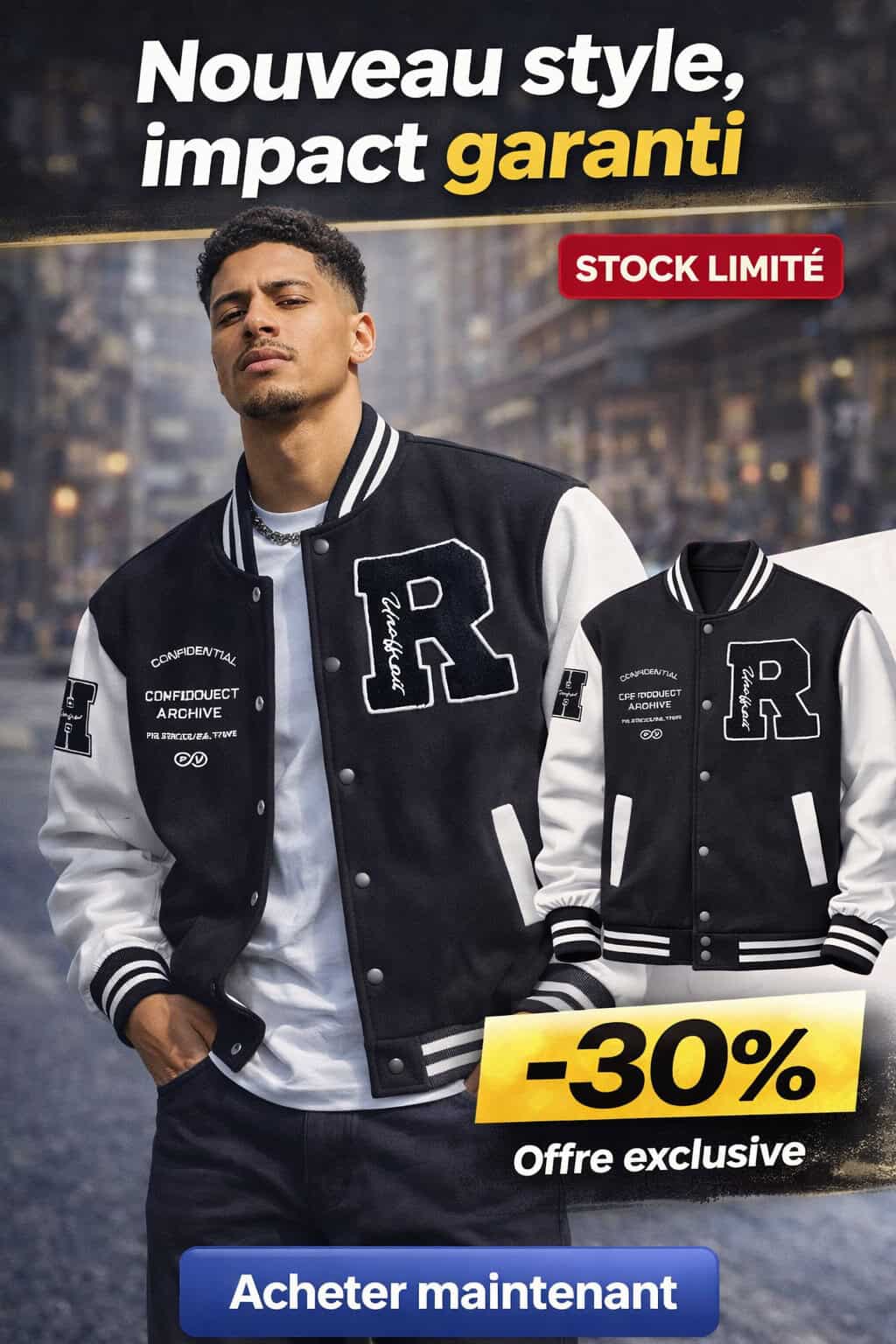 Veste varsity homme noir et blanc style américain tendance Tunisie