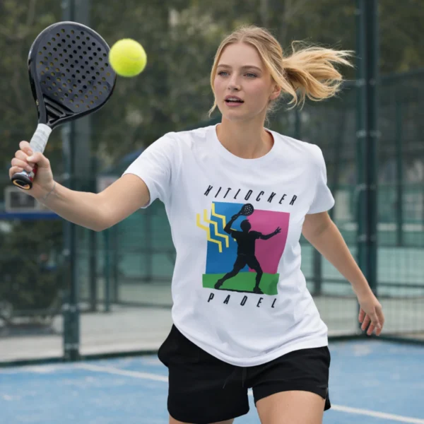 T-shirt padel blanc femme Tunisie porté par joueuse sur terrain
