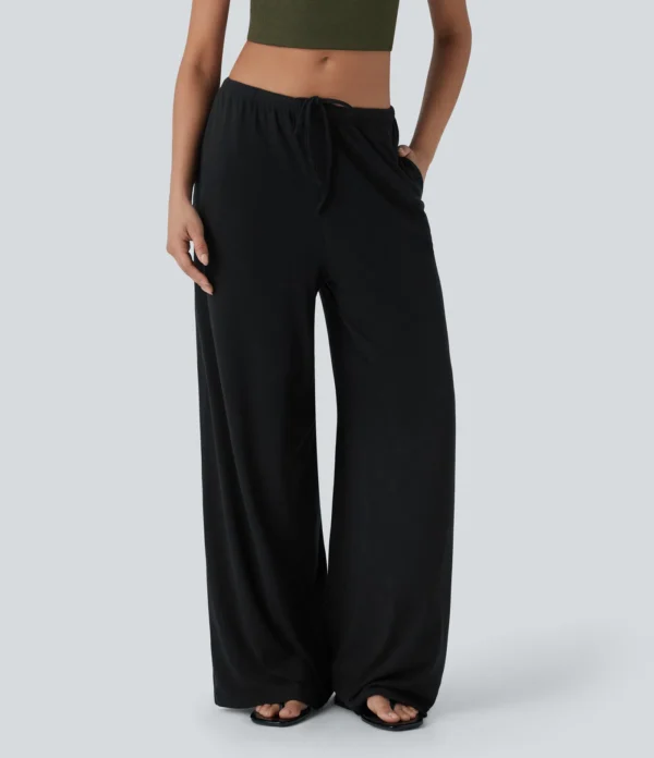 Pantalon baggy femme noir fluide ample avec cordon et poches