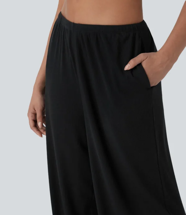 Pantalon baggy femme noir fluide ample avec cordon et poches